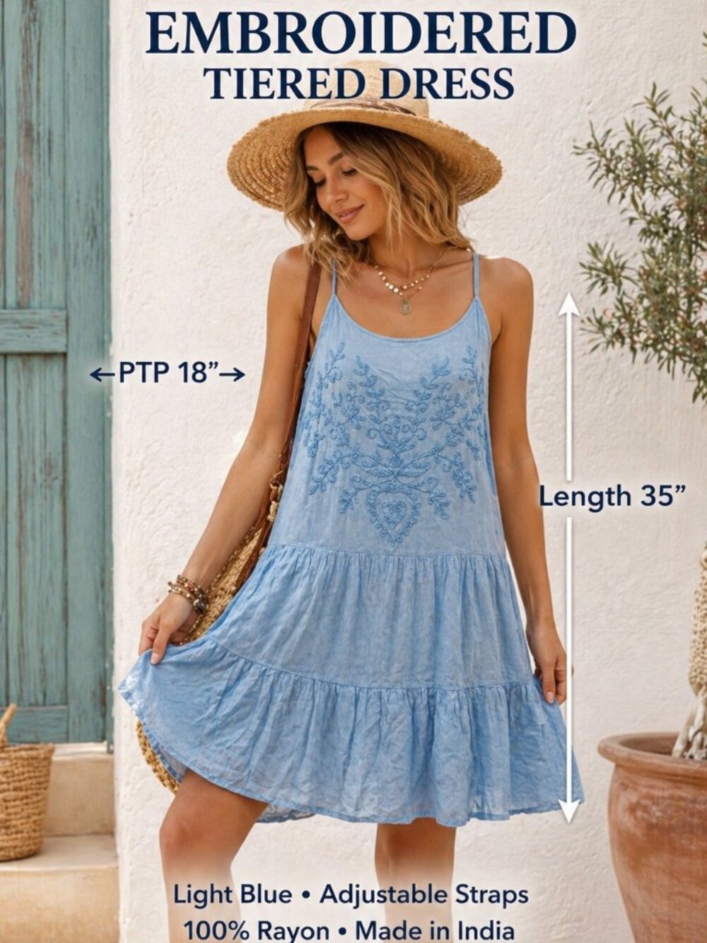 Be Beach Light Blue Embroidered Tiered Dress Adjustable Straps Boho 100% Rayon